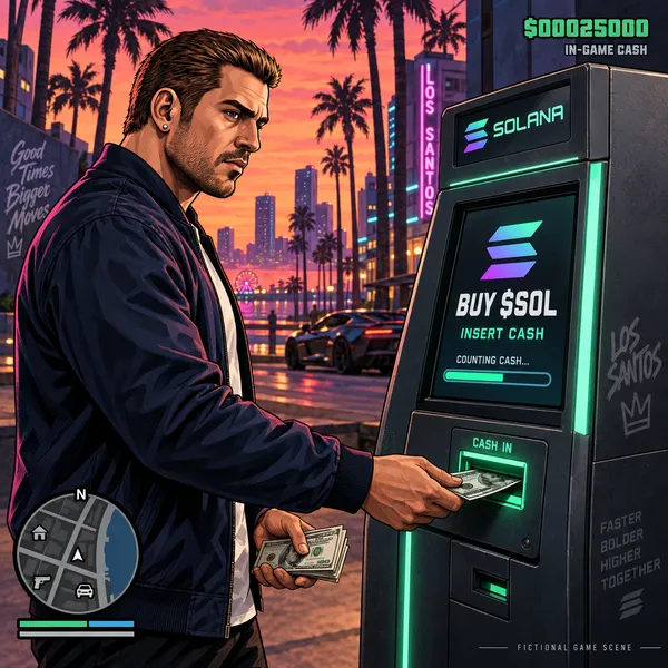 Jason inserting cash into an imaginary Solana ATM.