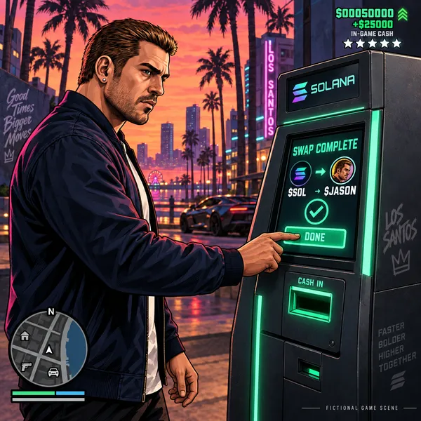 Fictional $SOL to $JASON ATM swap with game HUD.