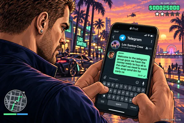 Fictional crime-game parody: Jason writing to the Los Santos Crew.