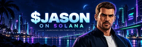 Wide $JASON on Solana campaign header with neon skyline.