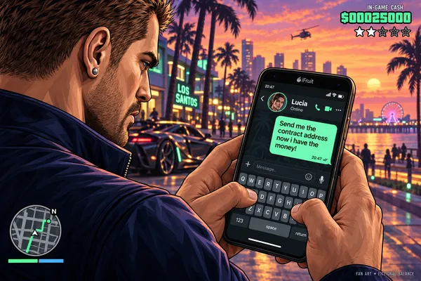 Fictional scene of Jason texting Lucia on an iFruit phone.