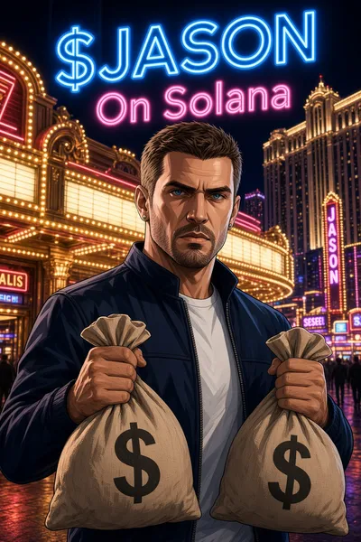 Original Jason neon-city poster with fictional money bags.