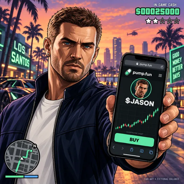 Jason holding an illustrated Pump.fun phone screen; fictional chart and cash.