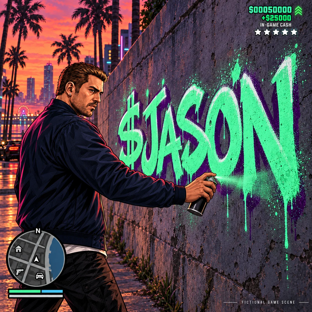 Jason spray-painting $JASON on a mint-green and purple street wall at sunset